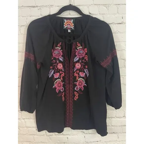 Johnny Was Womens Tunic Black Multicolor Embroidery Size XS Floral Peasant Boho - Picture 1 of 6